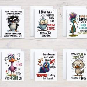 May include: Six greeting cards with cartoon bird illustrations and humorous phrases. The cards feature various birds with bold colors and text like "I know I'm crazy, and I own that shit" and "Today is slap an idiot day."