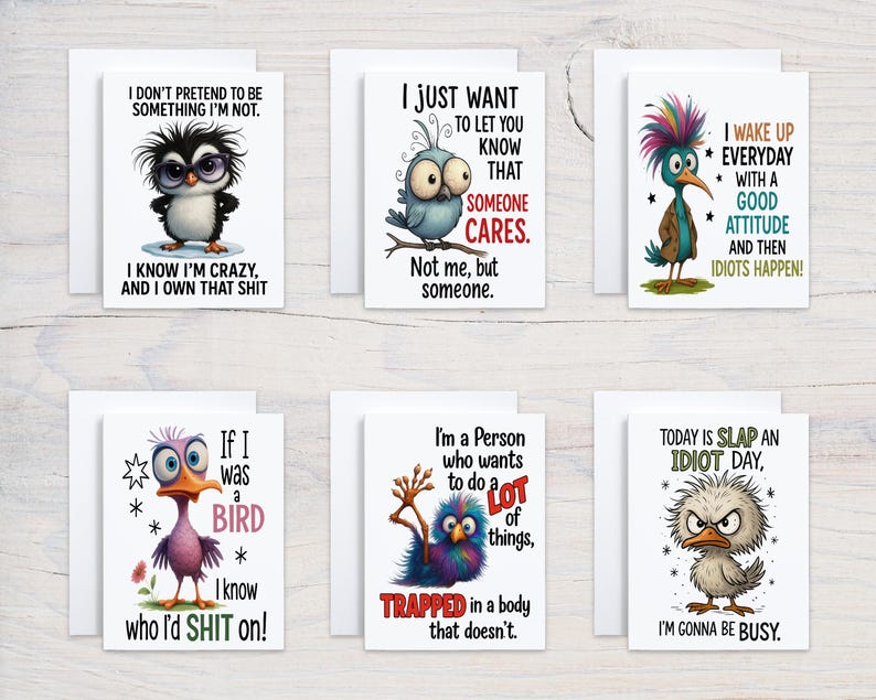 May include: Six greeting cards with cartoon bird illustrations and humorous phrases. The cards feature various birds with bold colors and text like "I know I'm crazy, and I own that shit" and "Today is slap an idiot day."
