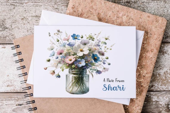 Personalized Note Cards & Envelope | Kids Stationary | Wildflowers Bouquet | Cute Kawaii Letter Writing Gift, Thank You, Feminine Stationery
