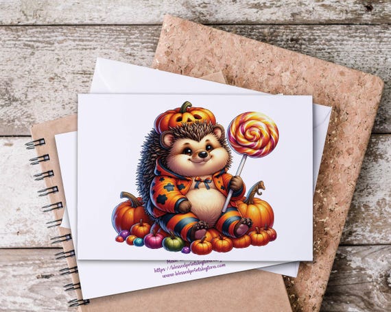 Kawaii Hedgehog Notecard Set, Pumpkin Hedgehog, Blank Notecards, Snail Mail, Everyday Card, Just Because Card, Happy Halloween, HN73