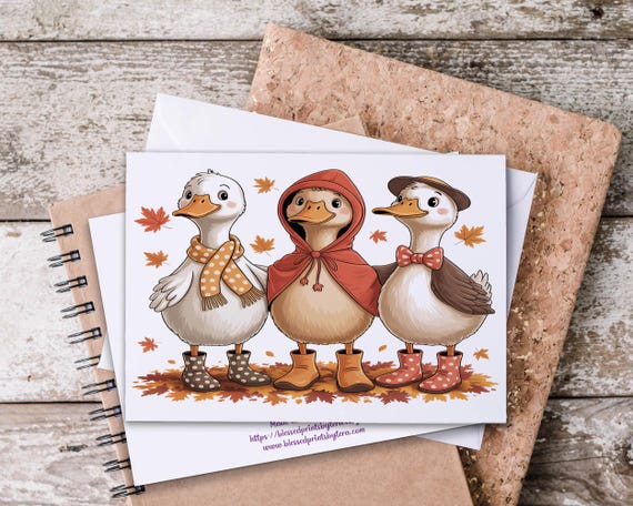 Cute Watercolor Fall Geese Notecard Set, Fall Note Cards, Custom Stationary, Autumn Greeting Card, Blank Notecard, All Occasion, EC413