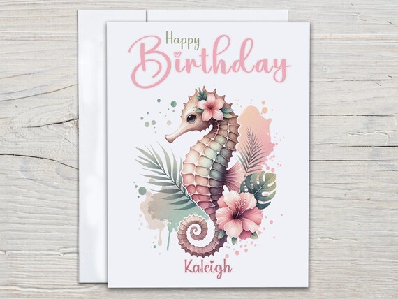 Personalized Seahorse Birthday Card, Cute Watercolor Style, Bestie Birthday Card, Ocean Greeting Card, Handmade Bday Card, Blank Card, BC215