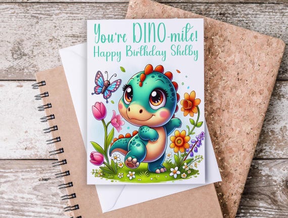Dino Birthday Card for Kids, Cute Dinosaur Greeting Card, Happy Birthday Greetings, 3rd Birthday, Grandson Bday, Funny Birthday Card, BC18