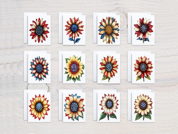 Patriotic Sunflower Assorted Notecards, Blank Notecard Set, Memorial Day Cards, Fourth of July Card, Everyday Cards, Card Assortment, CS254