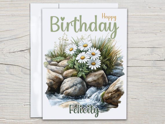 Personalized Watercolor Bday Card, River Scene With Daisies, Pretty Birthday Card, Bday Card For Mom, Bestie Greeting, Mom, Sister, BC257