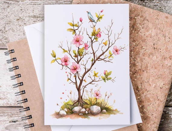 Watercolor Cherry Blossom Card Set, Greeting Card, Custom Stationary, Birthday Card Pack, Blank Notecards, Just Because & Everyday Card, EC7