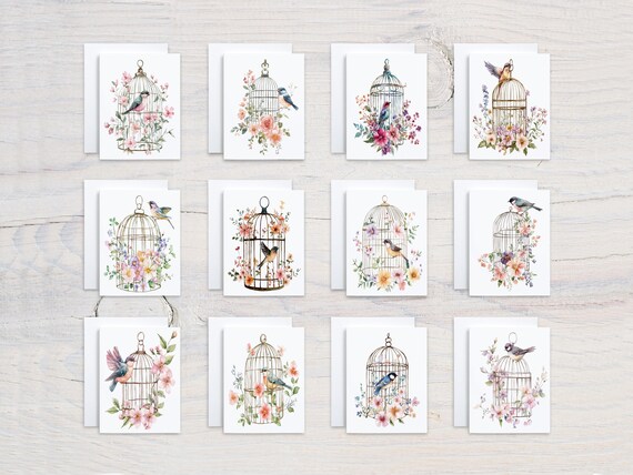 Watercolor Birdcage Notecards, Card Assortment, Variety Pack, Blank Notecard, Everyday Card, All Occasion Cards, Birthday, Note Cards, CS266