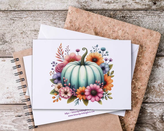 Teal Pumpkin Notecard Set, Watercolor Pumpkin Cards, Fall Greeting Card, Hello Autumn, Blank Notecards, All Occasion, Blue Pumpkin, FA7