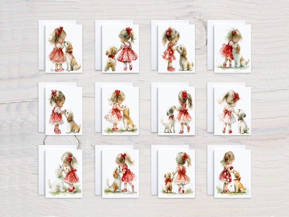 Watercolor Girl With Puppies Card Assortment, Variety Pack, All Occasion Cards, Blank Notecards, Everyday Card, Snail Mail, Birthday, CS331