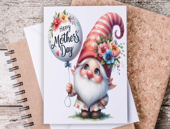Mother's Day Gnome Greeting Card, Happy Mother's Day, Garden Gnome, Watercolor, Greeting Cards, Snail Mail, 1st Mothers Day Card, MD21