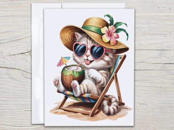 Watercolor Cat Beach Notecards, Just Because Card, All Occasion Cards, Blank Notecards, Cat Stationary, Cute Cat Cards, Everyday Card, EC333