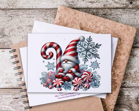 Candy Cane Gnome Notecards, Blank Notecard, Christmas Stationary, Cute Kawaii Gnome, Holiday Thank You, Winter Cards, Holiday Season Cards