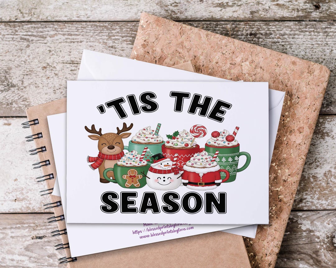 Christmas Note Cards, Tis the Season With Mugs, Hot Chocolate Cup ...