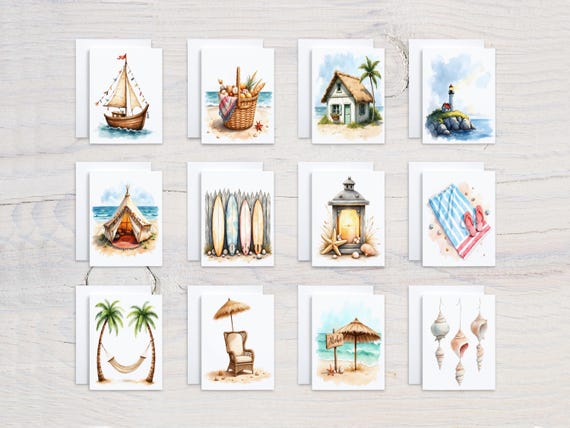 Watercolor Beach Scene Card Assortment, Variety Pack, All Occasion Cards, Birthday Card Pack, Notecard Set, Blank Notecard, Thank You, CS337