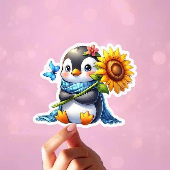 Kawaii Penguin Vinyl Sticker, Sunflower Sticker, Personalized Name Sticker, Computer Sticker, Cute Penguin, Matte , Phone Case Sticker