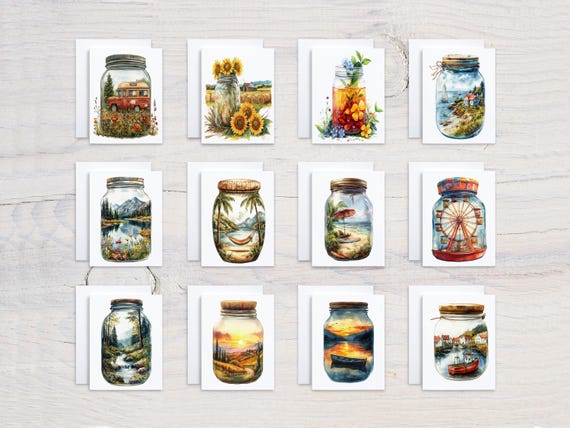 Cute Summer Jars Notecard Set, Variety Pack, Assorted Cards, All Occasion Cards, Birthday Card Pack, Just Because, Blank Notecards, CS251