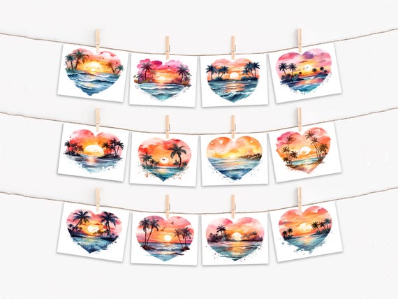 Assorted Card Set, Watercolor Beach Sunset Hearts, Handmade Notecards, All Occasion Cards, Greeting Card Variety, Greeting Cards, CS179
