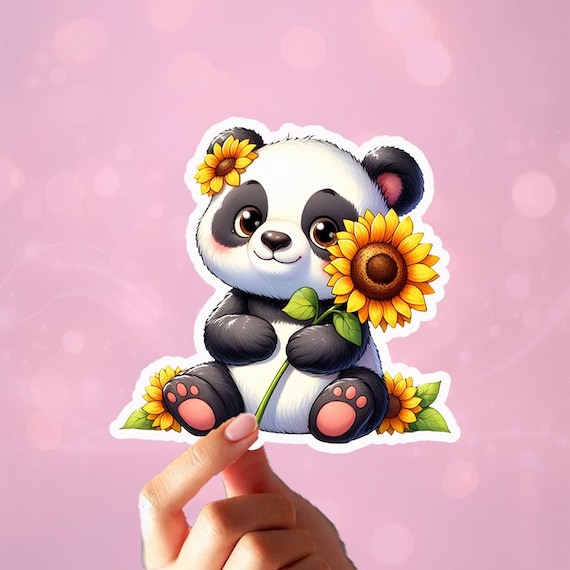 Panda Holding Sunflower Sticker, Cute Stickers, Kawaii Panda, Phone Case Sticker, Panda Bear, Sunflower Sticker, Bullet Journal, Matte, VN49