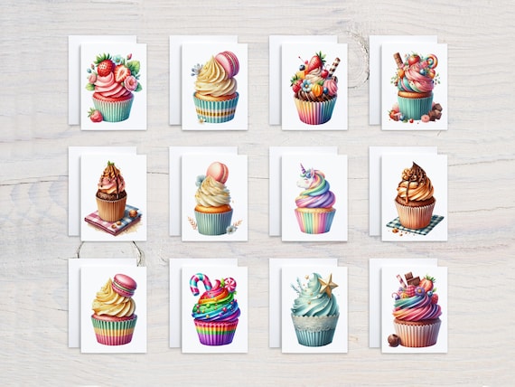 Watercolor Cupcake Notecard Set, Assorted Cards Variety Pack, Birthday Card Pack, Get Well Soon, Just Because Cards, Everyday Cards, CS217