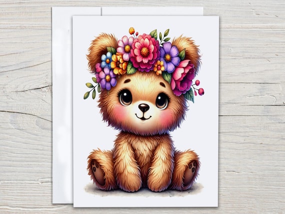 Floral Bear Notecard Set, Card Assortment, Teddy Bear Greeting Cards, Everyday Card, Cute Stationary, Kawaii Stationary, All Occasion, EC139