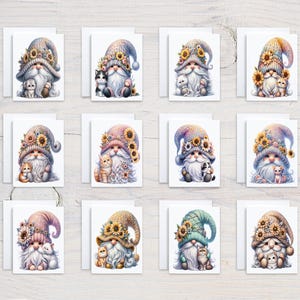 May include: Twelve illustrated greeting cards featuring gnomes wearing sunflower crowns and holding small kittens. The gnomes are wearing various colored knitted hats and have white beards. The cards are white with a white border.