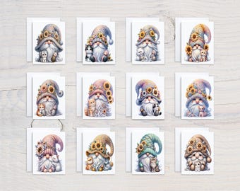Cute Gnome with Cat Notecard Set, All Occasion Cards, Greeting Cards Pack, Just Because Card, Birthday Card Pack, Spring Gnomes, CS163