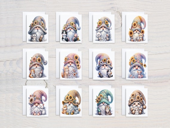 Cute Gnome with Cat Notecard Set, All Occasion Cards, Greeting Cards Pack, Just Because Card, Birthday Card Pack, Spring Gnomes, CS163