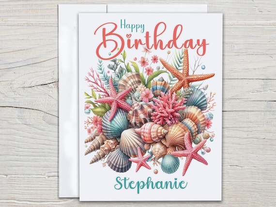Personalized Watercolor Coral Birthday Card, Beach Birthday Card, Bday Card for Mom, 40th Birthday Card, Sea Coral, Beach Bday Card, BC229