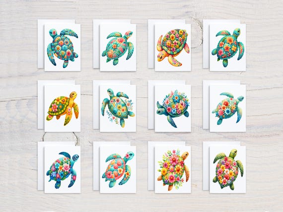 Watercolor Floral Turtle Notecards, Card Assortment Variety Pack, All Occasion Cards, Turtle Lover Gift, Cute Stationary Set, Birthday,CS174