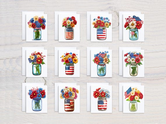 Watercolor Patriotic Flower Notecards Set, Card Assortment, Variety Pack, Just Because, All Occasion Cards, Notecard Set, July 4th, CS227
