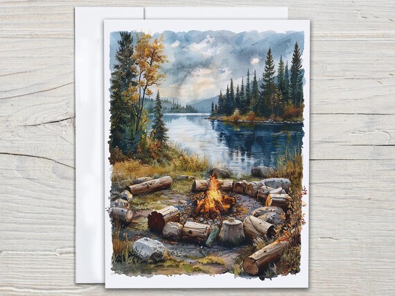 Watercolor Campfire Notecard Set, Lake Scenic Notecards, Cute Stationery, Correspondence Cards, All Occasion, Blank Notecards, EC238