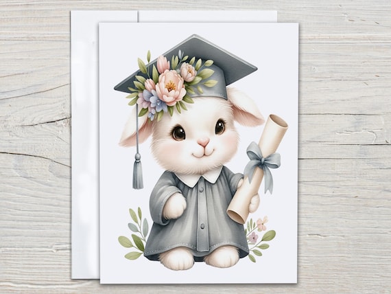 Cute Graduation Bunny Notecards, Congratulations Grad, Cap and Gown, Congrats Grad Card, College Graduate, Card Graduation, Daughter, EC187
