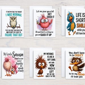 May include: A collection of six greeting cards with humorous illustrations of birds and owls. Each card features a different cartoon bird or owl with a unique design and a funny quote. The cards are white with colorful images and text.
