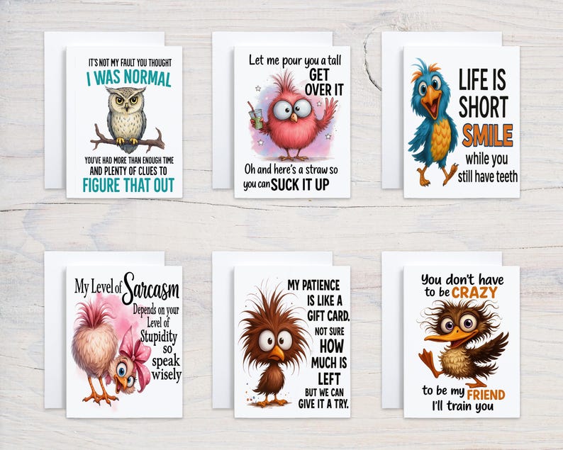 May include: A collection of six greeting cards with humorous illustrations of birds and owls. Each card features a different cartoon bird or owl with a unique design and a funny quote. The cards are white with colorful images and text.