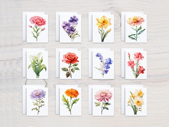 Watercolor Birth Month Flower Notecard Set, Blank All Occasion Cards, Assorted Cards, Everyday Card, Birthday, Variety Pack, ThankYou, CS208