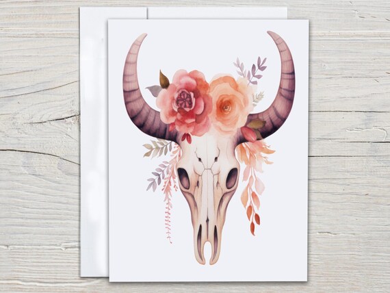 Set of Notecards with Floral Bull Skull, Miss You Card, Everyday Card, Blank Notecards, Stationery Set, Thank You Card Pack, Birthday, EC79