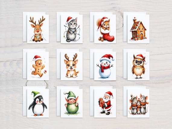 Kawaii Christmas Animal Notecard Set, Card Assortment, Holiday Notecards, Winter Greeting Card, Seasons Greetings, Blank Notecards, CS377