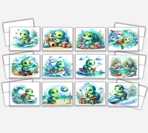 Assorted Cards With Cute Turtle, Turtle Greeting Card Pack, Notecard Set, Ocean Card, Blank Notecard, Turtle Love, Turtle Birthday Card,CS11