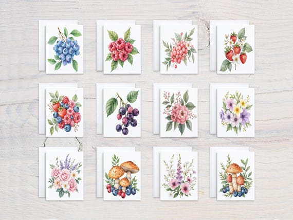 Watercolor Flower and Berry Notecard Set, All Occasion Cards, Blank Notecard, Garden Stationery, Miss You Card, Cute Stationary, CS258