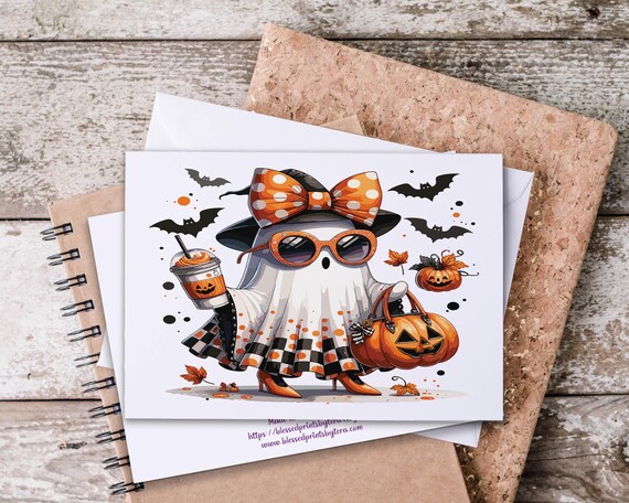 Boojee Ghost Notecards, Cute Fancy Ghost with Coffee, Spooky Chic, Trending Halloween, Summerween, Fall Notecards, Cute Boo Ghost, HN26