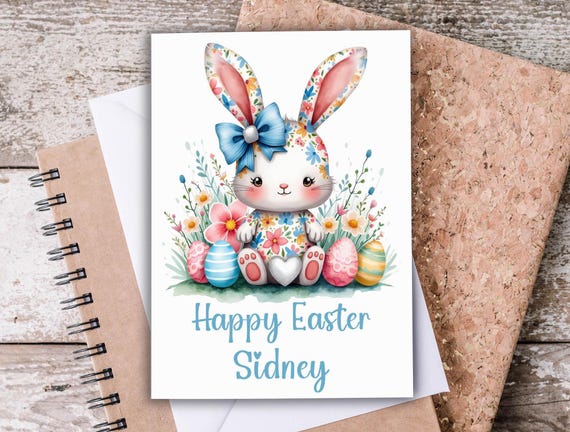 Cute Easter Bunny Card, Wildflower Easter Greetings, Personalized Kids Easter Card, Granddaughter Easter, Bunny in Wildflowers, GC14