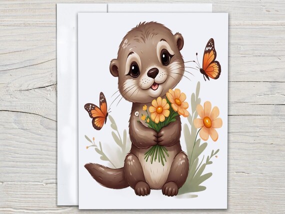 Cute Watercolor Otter Notecard Set, Kawaii Stationary, Otter Birthday Card, Just Because Card, All Occasion Cards, Everyday Card, EC348