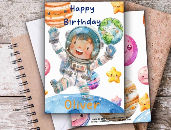 Happy Birthday Card, Astronaut Card, Planets Card, Personalized A2, Space Card, Space Theme, Space Birthday Party, BC3