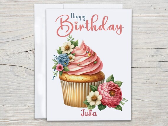 Personalized Cute Bday Card, Birthday Cake Card, Cute Cupcake, Watercolor Bday Card, Bday Card For Her, Bestie Birthday Card, BC251