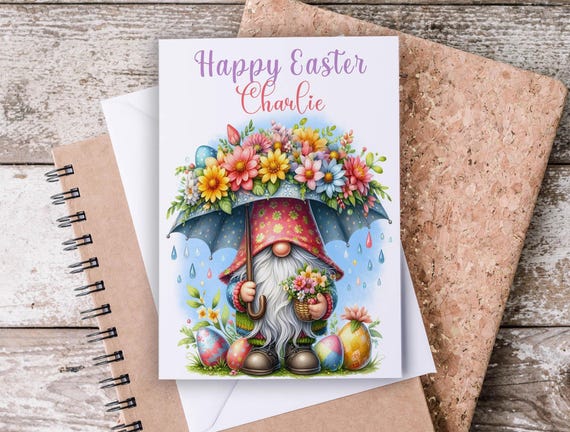 Easter Card, Personalised Gnome Greeting, Happy Easter, Handmade Card, Garden Gnome, Easter Greetings, Spring Gnome, Kids Easter Card, GC25