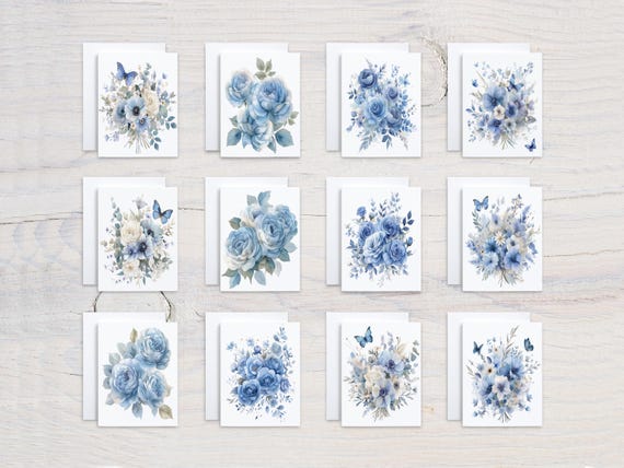 Assorted Cards Variety Pack, Dusty Blue Flower Greeting Cards, Blank Notecards, Thinking of You, Thank You Cards, Everyday Use, CS40