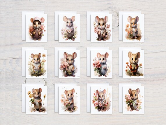 Card Assortment with Floral Mouse Illustrations, Thank You Cards, Variety Notecard Pack, Bulk Birthday Cards, Everyday Card Variety, CS71