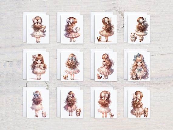 Assorted Cards With Cats, Cute Watercolor Notecard Set, Birthday Card Pack, Everyday Card, Sympathy Card, Girl With Kittens, Variety, CS332