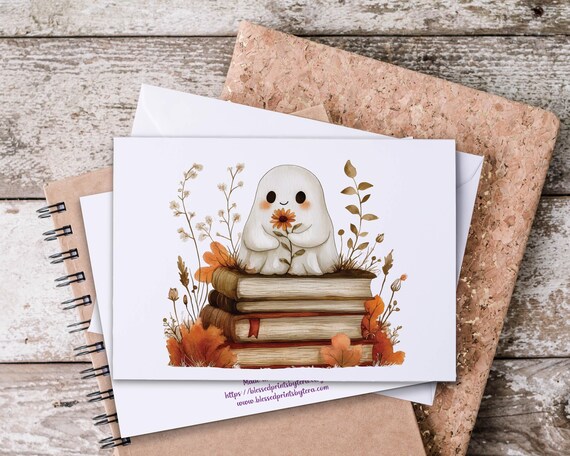 Fall Boho Ghost Notecard Set, Bookworm Gift, Blank Notecards, Autumn Stationary, Just Because Card, Snail Mail, Ghost Cards, Bookstack, FA3