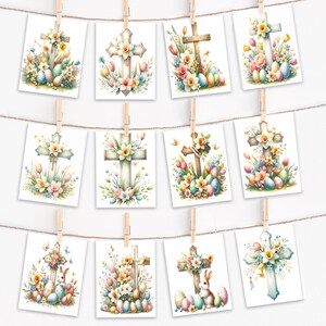May include: Twelve watercolor illustrations of Easter crosses with flowers and eggs. Each cross is surrounded by a variety of flowers, including daffodils, tulips, and roses. Some of the crosses also have a small bunny rabbit at the base.
